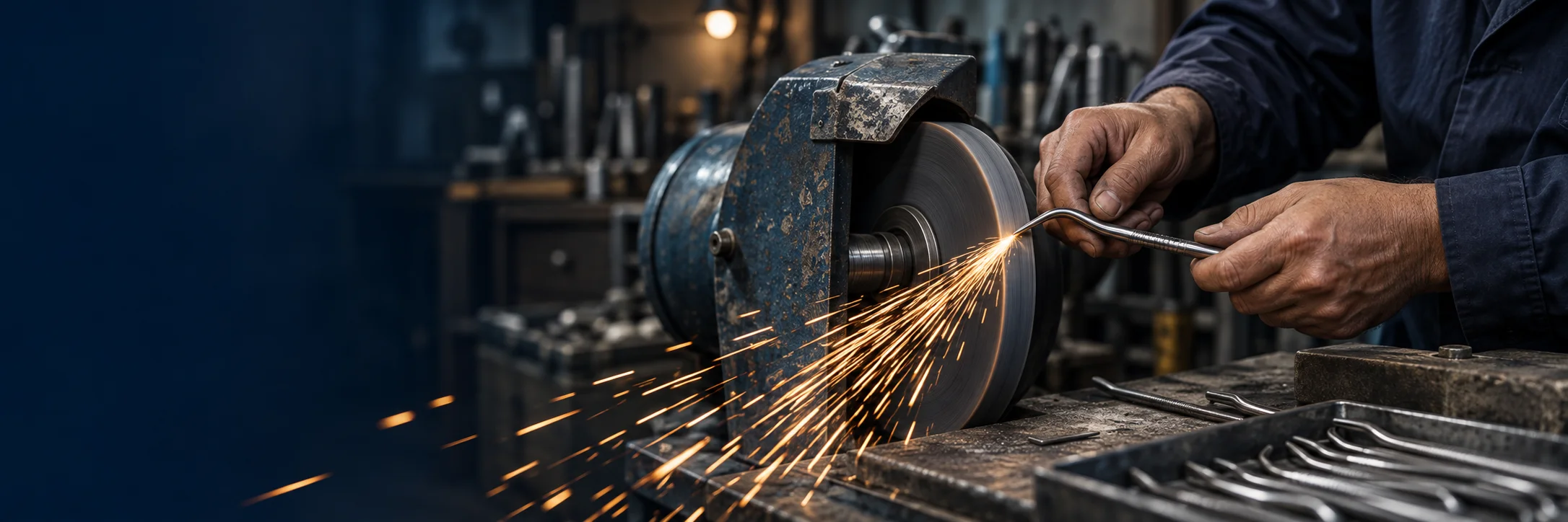 Hands guiding a metal instrument against an abrasive finishing wheel, with sparks at the contact point.