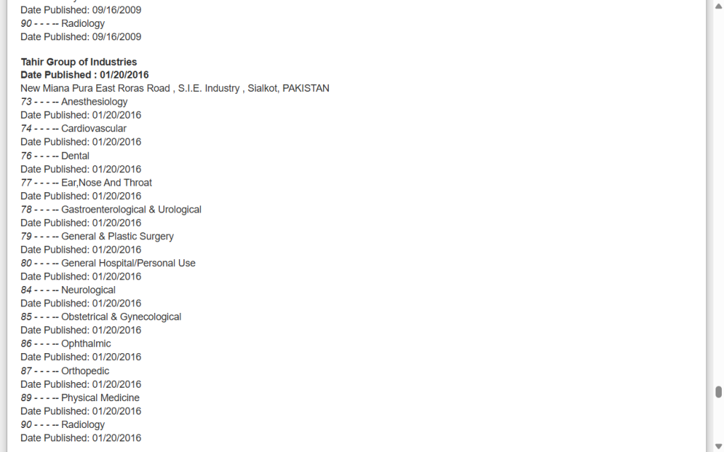U.S. FDA Import Alert 76-01 Green List entry: Tahir Group of Industries, published 01/20/2016, 13 device categories